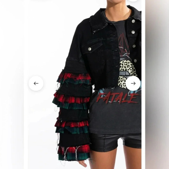🖤❤️ AKIRA FLOGGY‎ MOLLY PLAID EXTRAVAGANT DENIM JACKET SIZE SMALL - Picture 10 of 16